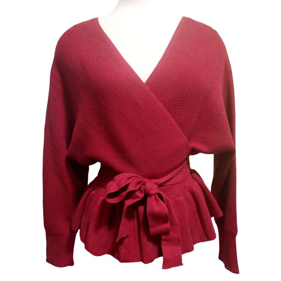 NWT Umgee Womens Red Wrap Sweater~Tie Waist Peplum~Ribbed Knit~Long Sleeve~LARGE - Picture 2 of 7